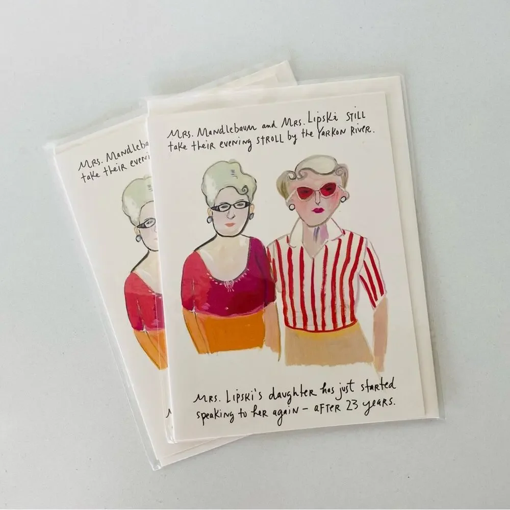 NEW ANTHROPOLOGIE Illustrated Cartoon Comedy Tan Red Pink Greeting Card s/2